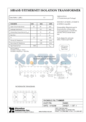 T-10903G datasheet - 10BASE-T/ETHERNET ISOLATION TRANSFORMER
