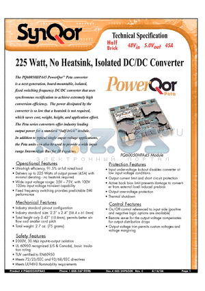 PQ60050HPA45NYS datasheet - 225 Watt, No Heatsink, Isolated DC/DC Converter