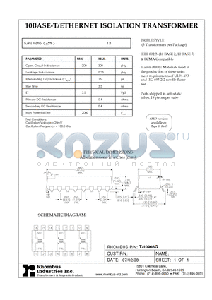 T-10908G datasheet - 10BASE-T/ETHERNET ISOLATION TRANSFORMER