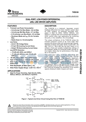 THS6184RHFR datasheet - DUAL-PORT, LOW-POWER DIFFERENTIAL xDSL LINE DRIVER AMPLIFIERS