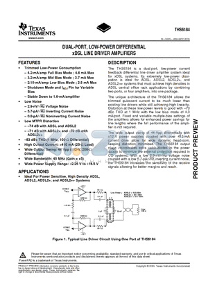 THS6184RHFT datasheet - DUAL-PORT, LOW-POWER DIFFERENTIAL xDSL LINE DRIVER AMPLIFIERS