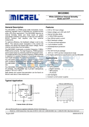 MIC2289C_07 datasheet - White LED Driver Internal Schottky Diode and OVP