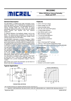 MIC2289CBD5 datasheet - White LED Driver Internal Schottky Diode and OVP