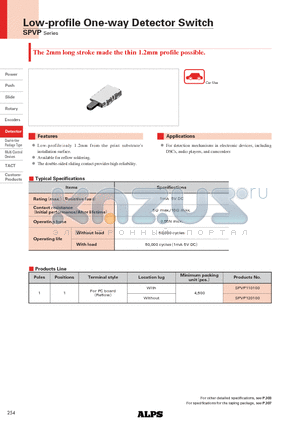 SPVP120100 datasheet - Low-profile One-way Detector Switch