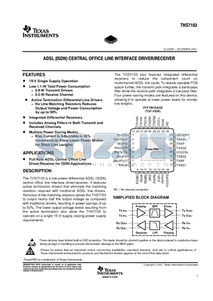 THS7103 datasheet - ADSL (ISDN) CENTRAL OFFICE LINE INTERFACE DRIVER/RECEIVER