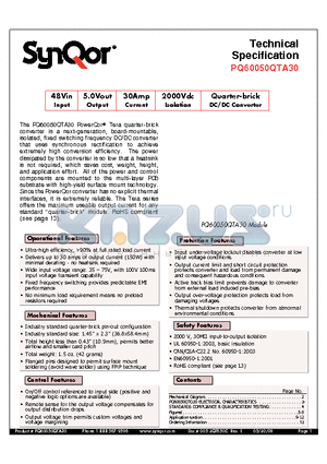 PQ60050QTA30NYS datasheet - Quarter-brick DC/DC Converter