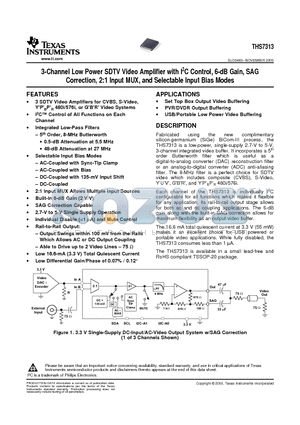 THS7313 datasheet - 3-Channel Low Power SDTV Video Amplifier with I2C Control, 6-dB Gain, SAG Correction, 2:1 Input MUX, and Selectable Input Bias Modes