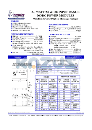 PDCD03022 datasheet - 3.0 WATT 2:1WIDE INPUT RANGE DC/DC POWER MODULES With Remote On/Off Option (Rectangle Package)