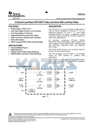 THS7318_07 datasheet - 3-Channel Low-Power EDTV/SDTV Video Line Driver With Low-Pass Filters