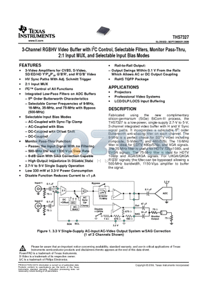 THS7327 datasheet - 3-Channel RGBHV Video Buffer with I2C Control, Selectable Filters, Monitor Pass-Thru,2:1 Input MUX, and Selectable Input Bias Modes