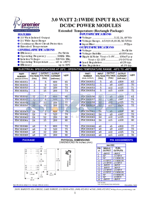 PDCD03051 datasheet - 3.0 WATT 2:1WIDE INPUT RANGE DC/DC POWER MODULES Extended Temperature (Rectangle Package)