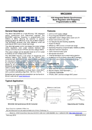 MIC22950 datasheet - 10A Integrated Switch Synchronous Buck Regulator with Frequency Programmable to 2MHz