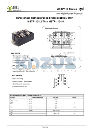 MSTP110 datasheet - Three-phase half-controlled bridge rectifier, 110A