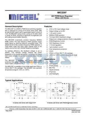 MIC2297-15YML datasheet - 40V PWM Boost Regulator White LED Driver