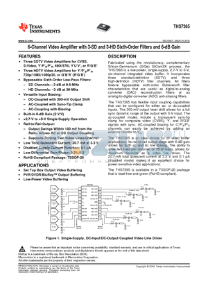 THS7365 datasheet - 6-Channel Video Amplifier with 3-SD and 3-HD Sixth-Order Filters and 6-dB Gain
