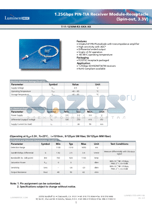 T-11-1250M-R3-SSC-G5 datasheet - 1.25Gbps PIN-TIA Receiver Module-Receptacle (5pin-out, 3.3V)