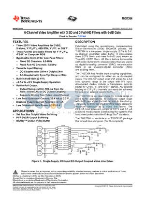 THS7364 datasheet - 6-Channel Video Amplifier with 3 SD and 3 Full-HD Filters with 6-dB Gain