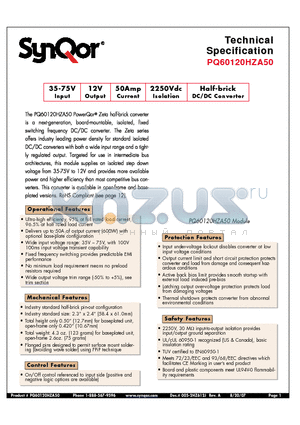 PQ60120HZA50NNS datasheet - Half-brick DC/DC Converter