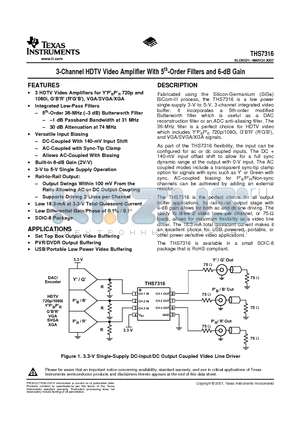 THS7316_07 datasheet - 3-Channel HDTV Video Amplifier With 5th-Order Filters and 6-dB Gain