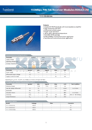 T-11-155-D3-SSC datasheet - 155Mbps PIN-TIA Receiver Modules-ROSA(3.3V)