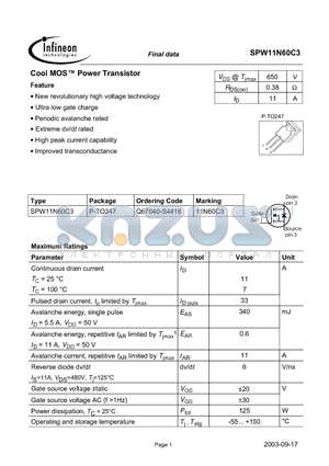 SPW11N60C3 datasheet - Cool MOS Power Transistor