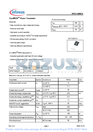 SPW11N80C3 datasheet - New revolutionary high voltage technology Ultra low gate charge Extreme dv/dt rated