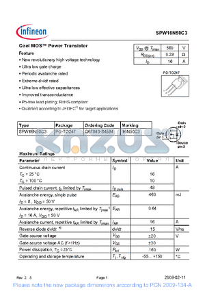 SPW16N50C3 datasheet - COOL MOS POWER TRANSISTOR