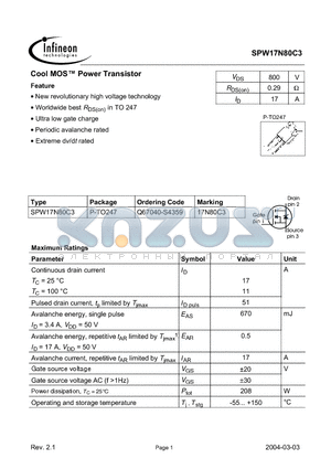 SPW17N80C3 datasheet - Cool MOS Power Transistor