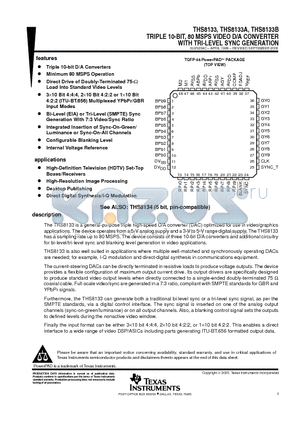 THS8133 datasheet - TRIPLE 10-BIT, 80 MSPS VIDEO D/A CONVERTER WITH TRI-LEVEL SYNC GENERATION