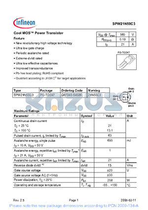 SPW21N50C3 datasheet - Cool MOS Power Transistor