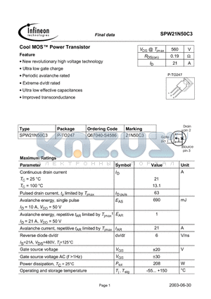 SPW21N50C3 datasheet - Cool MOS Power Transistor