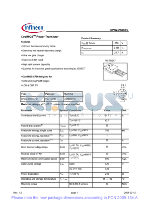 SPW24N60CFD datasheet - CoolMOS Power Transistor