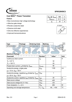 SPW32N50C3 datasheet - Cool MOS Power Transistor