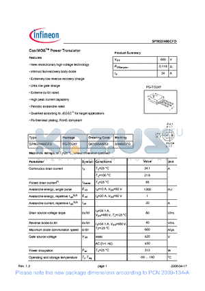 SPW35N60CFD datasheet - CoolMOSTM Power Transistor