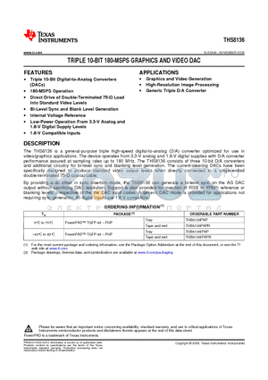 THS8136IPHPR datasheet - TRIPLE 10-BIT 180-MSPS GRAPHICS AND VIDEO DAC