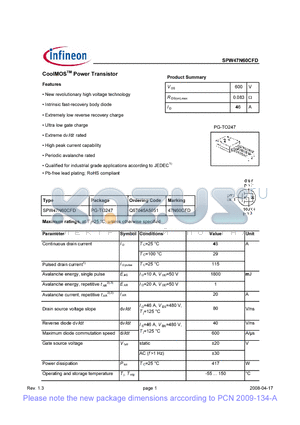 SPW47N60CFD_08 datasheet - CoolMOS Power Transistor