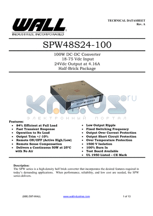 SPW48S24-100 datasheet - 100W DC-DC Converter 18-75 Vdc Input 24Vdc Output at 4.16A Half-Brick Package