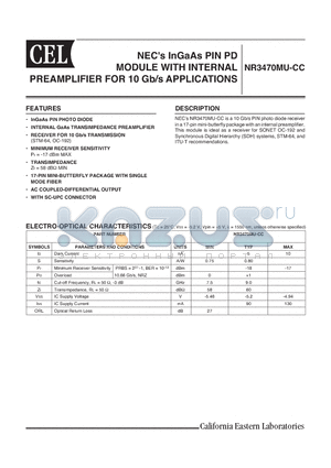 NR3470MU-CC datasheet - NECs InGaAs PIN PD MODULE WITH INTERNAL PREAMPLIFIER FOR 10 Gb/s APPLICATIONS