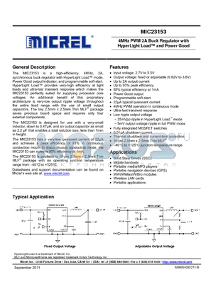 MIC23153YMT datasheet - 4MHz PWM 2A Buck Regulator with HyperLight Load and Power Good