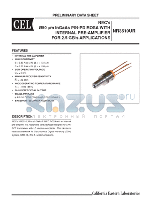 NR3510UR datasheet - 50 lm InGaAs PIN-PD ROSA WITH INTERNAL PRE-AMPLIFIER FOR 2.5 GB/s APPLICATIONS