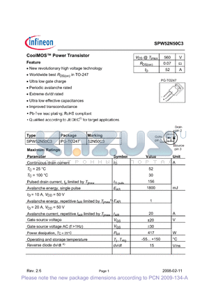 SPW52N50C3 datasheet - CoolMOS Power Transistor