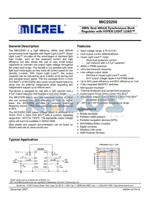 MIC23250-3BYMT datasheet - 4MHz Dual 400mA Synchronous Buck Regulator with HYPER LIGHT LOAD