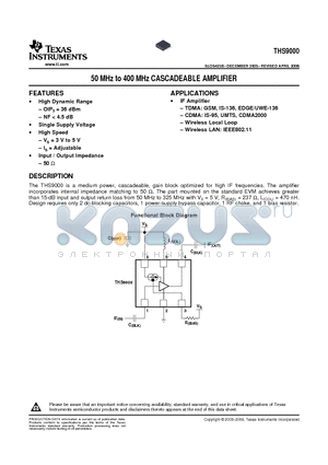THS9000DRWRG4 datasheet - 50 MHz to 400 MHz CASCADEABLE AMPLIFIER