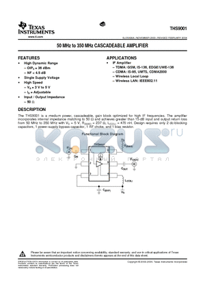 THS9001DBVT datasheet - 50 MHz to 350 MHz CASCADEABLE AMPLIFIER