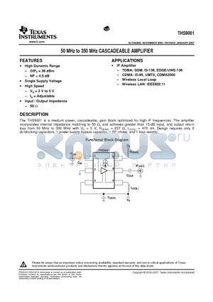 THS9001_08 datasheet - 50 MHz to 350 MHz CASCADEABLE AMPLIFIER