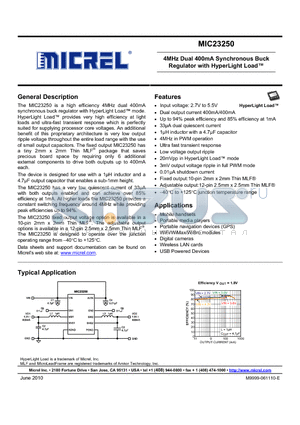 MIC23250-3BYMT datasheet - 4MHz Dual 400mA Synchronous Buck Regulator with HyperLight Load