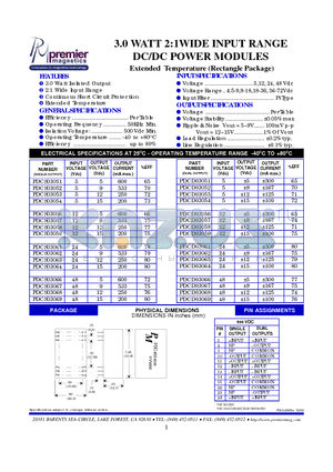 PDCS03052 datasheet - 3.0 WATT 2:1WIDE INPUT RANGE DC/DC POWER MODULES Extended Temperature (Rectangle Package)