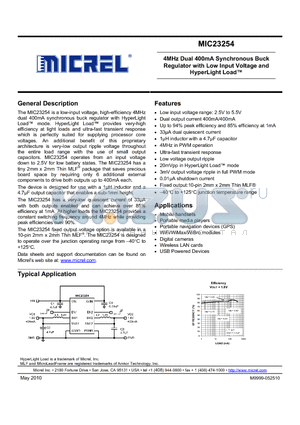 MIC23254 datasheet - 4MHz Dual 400mA Synchronous Buck Regulator with Low Input Voltage and HyperLight Load