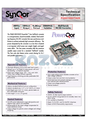 PQ60180HTA09 datasheet - Half-brick DC/DC Converter