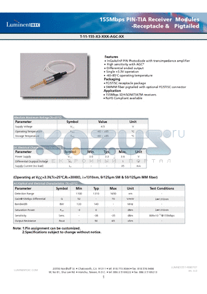 T-11-155-P3-M-AGC datasheet - 155Mbps PIN-TIA Receiver Modules-Receptacle & Pigtailed